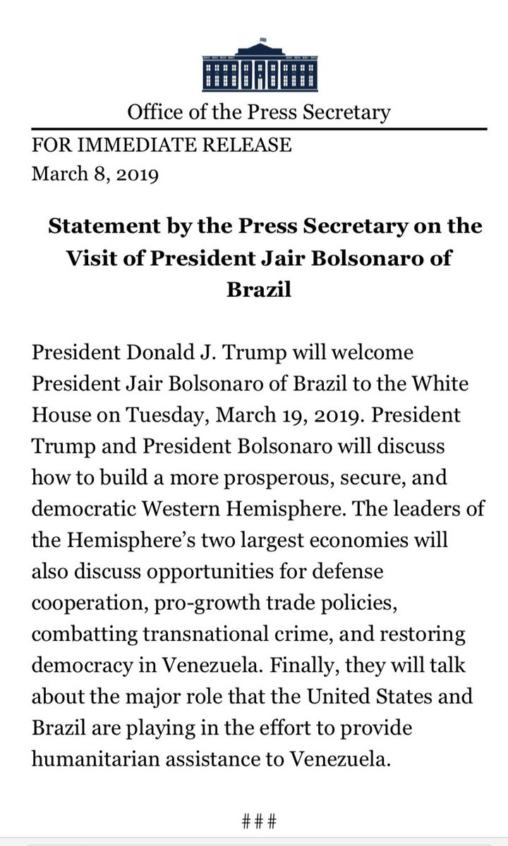 Brazil President @jairbolsonaro will visit the @WhiteHouse on March 19.   