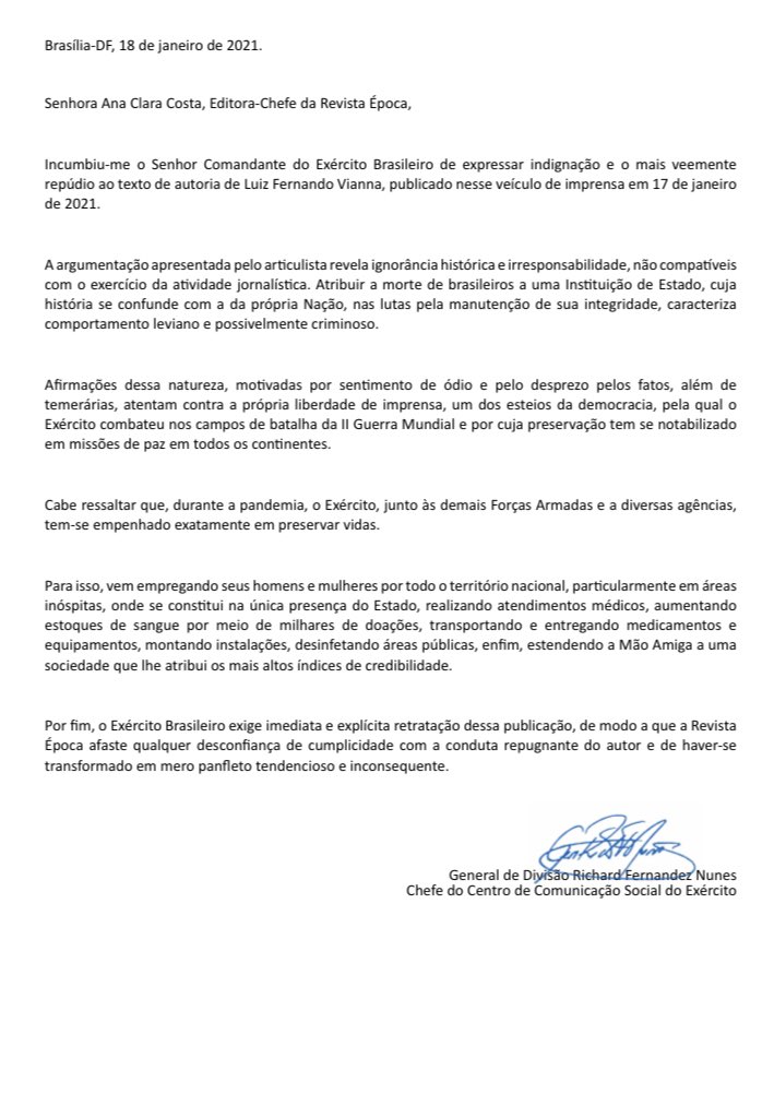 Brazilian Army commander is threatening the editor-in-chief of the magazine @RevistaEpoca for publishing obvious truths, such as the story In the pandemic, the Army kills Brazilians again