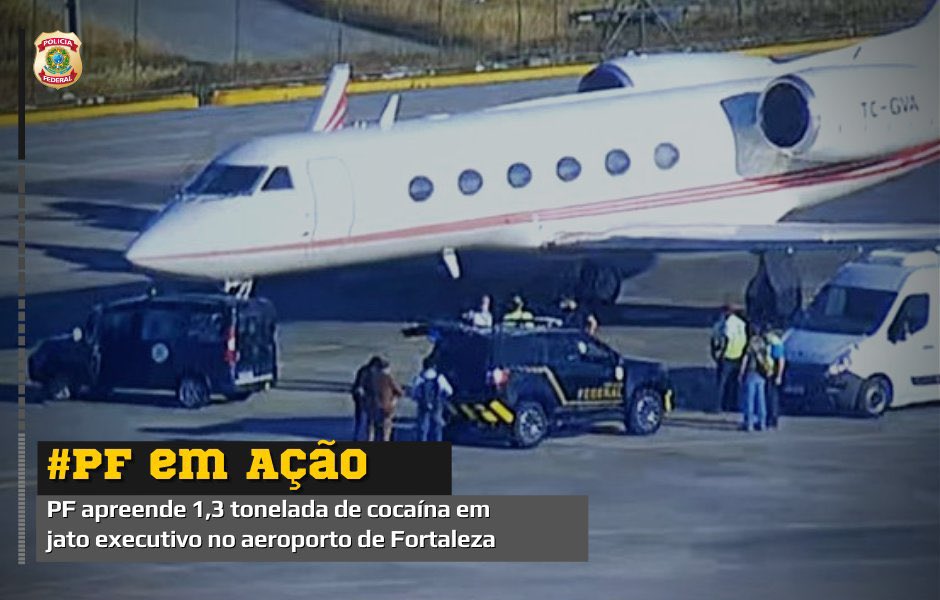 Brazil's federal police @policiafederal seize ~ 1.3 tons of cocaine onboard a Turkish flag-trflag-tr business jet today. The jet arrived in Brazil on August 2, flew through Ribeiro Preto, and then stopped in Fortaleza