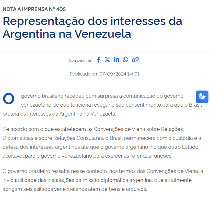 Brazylia potwierdza, że będzie nadal chronić ambasadę Argentyny w Caracas, dopóki inne państwo nie przejmie jej i nie obroni nienaruszalności siedziby dyplomatycznej