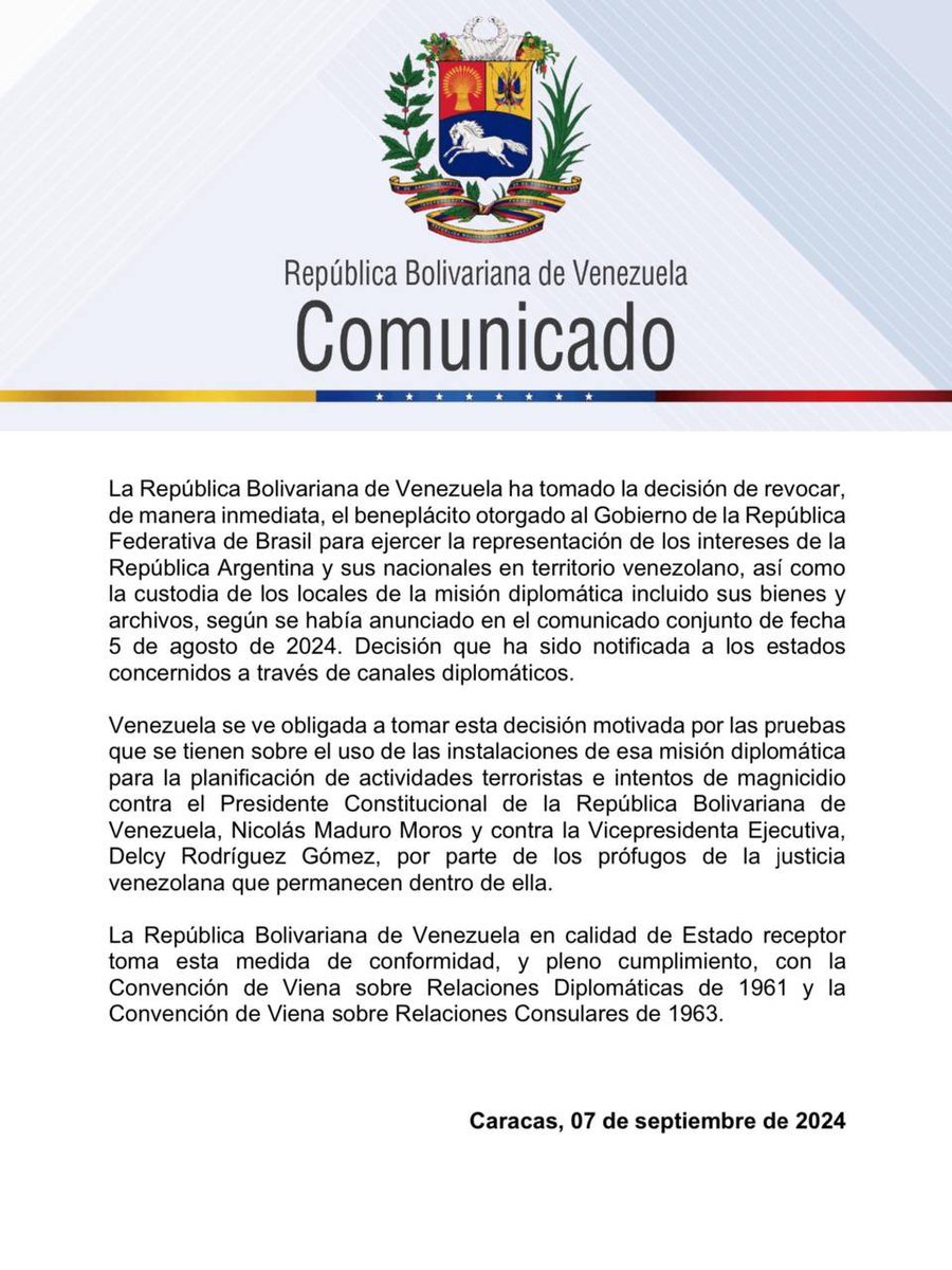 Gobierno de Maduro confirma que revocó unilateralmente permiso a Brasil para custodiar Embajada Argentina en Caracas